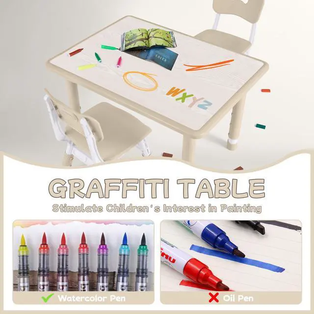 Alt view image 2 of 6 - Toddler Table and Chair Set, Height Adjustable-Upgrade Kids Table and 4 Chairs for Ages 3-8, Multi-Activity Toddler Play Table with Graffiti Desktop for Home/Daycare (4Chairs Natural)