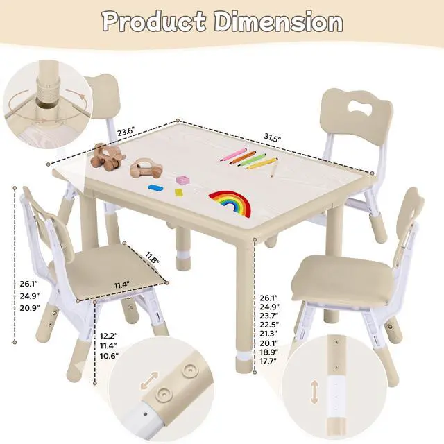 Alt view image 5 of 6 - Toddler Table and Chair Set, Height Adjustable-Upgrade Kids Table and 4 Chairs for Ages 3-8, Multi-Activity Toddler Play Table with Graffiti Desktop for Home/Daycare (4Chairs Natural)