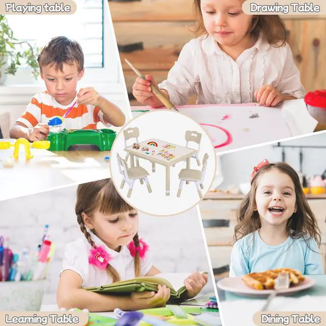 Alt view image 6 of 6 - Toddler Table and Chair Set, Height Adjustable-Upgrade Kids Table and 4 Chairs for Ages 3-8, Multi-Activity Toddler Play Table with Graffiti Desktop for Home/Daycare (4Chairs Natural)