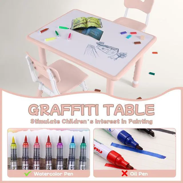 Alt view image 2 of 6 - Toddler Table and Chair Set, Height Adjustable-Upgrade Kids Table and 4 Chairs for Ages 3-8, Multi-Activity Toddler Play Table with Graffiti Desktop for Home/Daycare (4Chairs Pink)