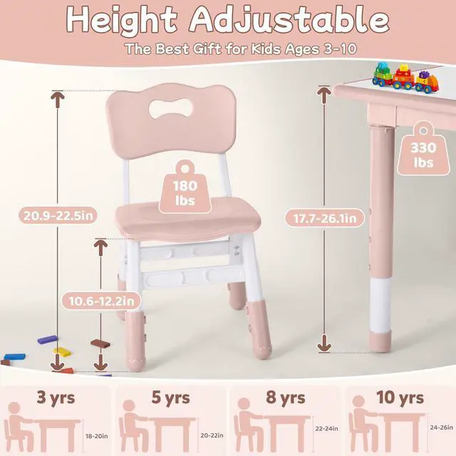 Alt view image 3 of 6 - Toddler Table and Chair Set, Height Adjustable-Upgrade Kids Table and 4 Chairs for Ages 3-8, Multi-Activity Toddler Play Table with Graffiti Desktop for Home/Daycare (4Chairs Pink)