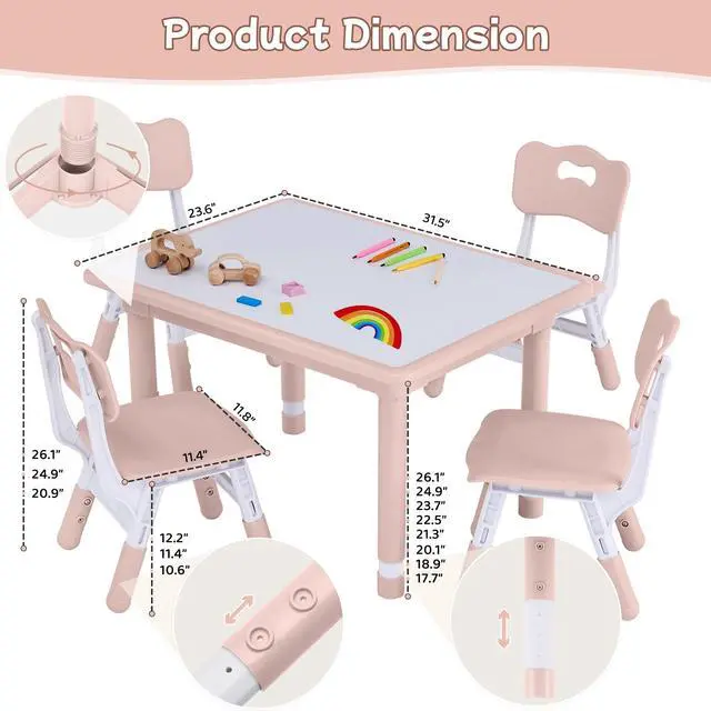 Alt view image 5 of 6 - Toddler Table and Chair Set, Height Adjustable-Upgrade Kids Table and 4 Chairs for Ages 3-8, Multi-Activity Toddler Play Table with Graffiti Desktop for Home/Daycare (4Chairs Pink)