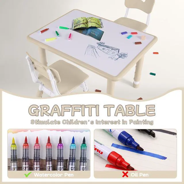 Alt view image 2 of 6 - Toddler Table and Chair Set, Height Adjustable-Upgrade Kids Table and 4 Chairs for Ages 3-8, Multi-Activity Toddler Play Table with Graffiti Desktop for Home/Daycare (4Chairs Beige)