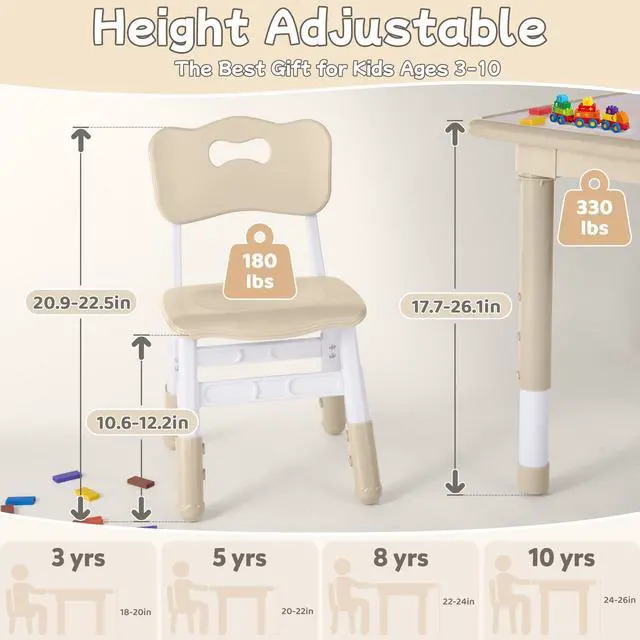 Alt view image 3 of 6 - Toddler Table and Chair Set, Height Adjustable-Upgrade Kids Table and 4 Chairs for Ages 3-8, Multi-Activity Toddler Play Table with Graffiti Desktop for Home/Daycare (4Chairs Beige)