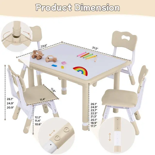 Alt view image 5 of 6 - Toddler Table and Chair Set, Height Adjustable-Upgrade Kids Table and 4 Chairs for Ages 3-8, Multi-Activity Toddler Play Table with Graffiti Desktop for Home/Daycare (4Chairs Beige)