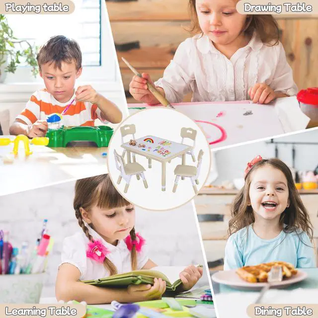Alt view image 6 of 6 - Toddler Table and Chair Set, Height Adjustable-Upgrade Kids Table and 4 Chairs for Ages 3-8, Multi-Activity Toddler Play Table with Graffiti Desktop for Home/Daycare (4Chairs Beige)