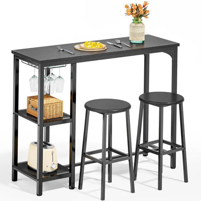 Main image of Small Bar Table Set for 2, Bar Table and Chairs Set for 2, Kitchen Table for 2 with 2 Storage Shelves & Wine Glass Holder, Dining Table for Small Apartment, Dining Room, Black