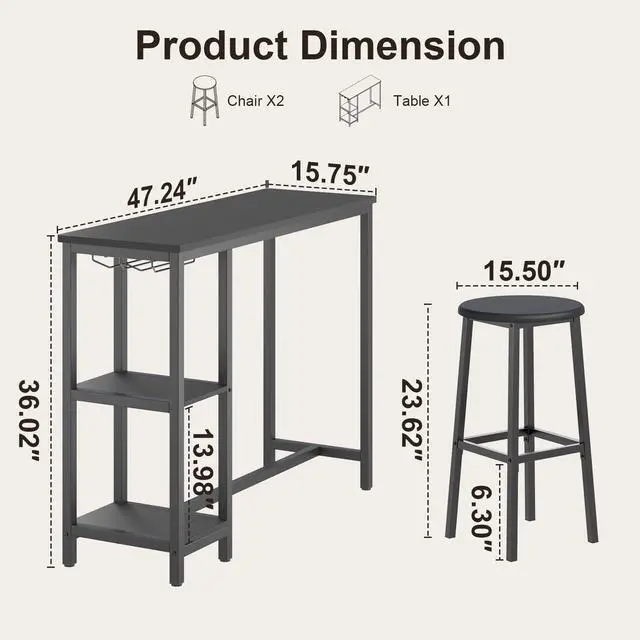 Alt view image 2 of 6 - Small Bar Table Set for 2, Bar Table and Chairs Set for 2, Kitchen Table for 2 with 2 Storage Shelves & Wine Glass Holder, Dining Table for Small Apartment, Dining Room, Black