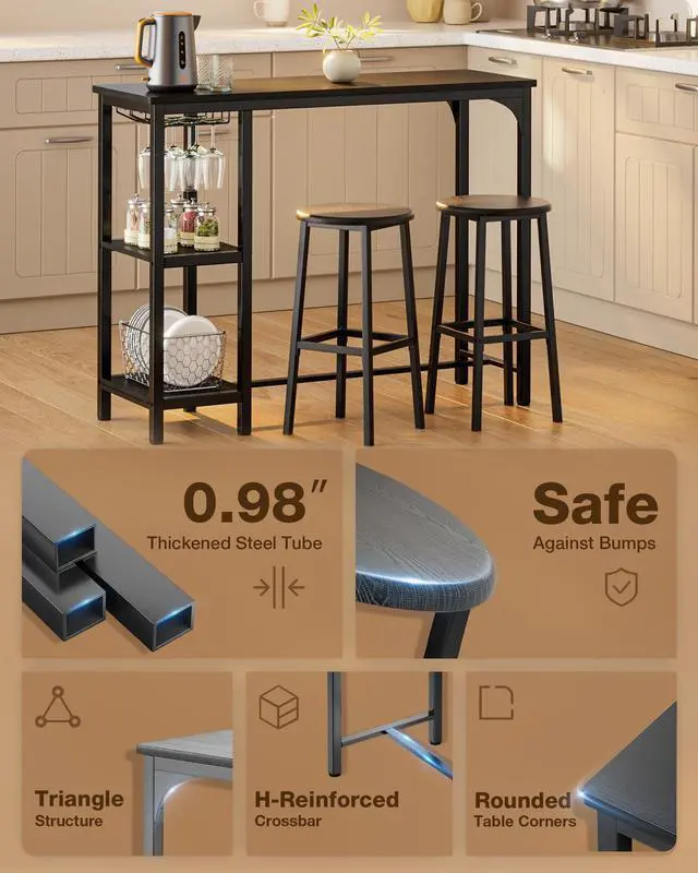 Alt view image 3 of 6 - Small Bar Table Set for 2, Bar Table and Chairs Set for 2, Kitchen Table for 2 with 2 Storage Shelves & Wine Glass Holder, Dining Table for Small Apartment, Dining Room, Black