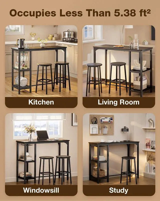 Alt view image 6 of 6 - Small Bar Table Set for 2, Bar Table and Chairs Set for 2, Kitchen Table for 2 with 2 Storage Shelves & Wine Glass Holder, Dining Table for Small Apartment, Dining Room, Black
