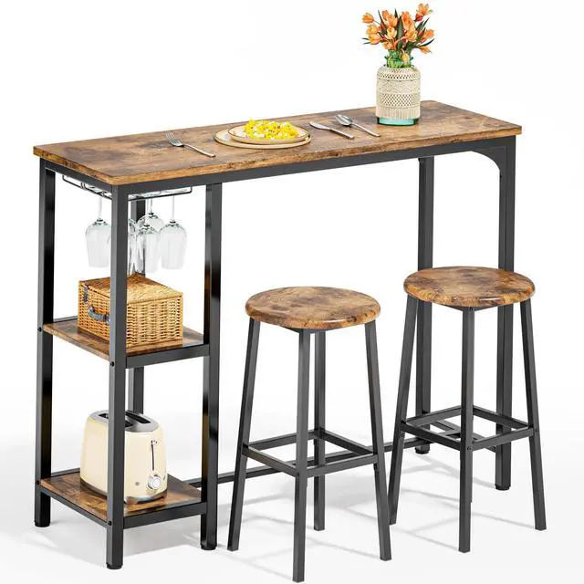 Main image of 3-Piece Bar Table Set for 2, Bar Height Table with Stools & 2 Storage Shelves, Small Bar Table Set with Glass Rack, Small Kitchen Table for Dining Room, Living Room, Rustic Brown