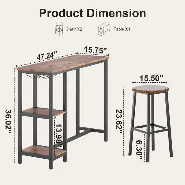 Alt view image 2 of 6 - 3-Piece Bar Table Set for 2, Bar Height Table with Stools & 2 Storage Shelves, Small Bar Table Set with Glass Rack, Small Kitchen Table for Dining Room, Living Room, Rustic Brown