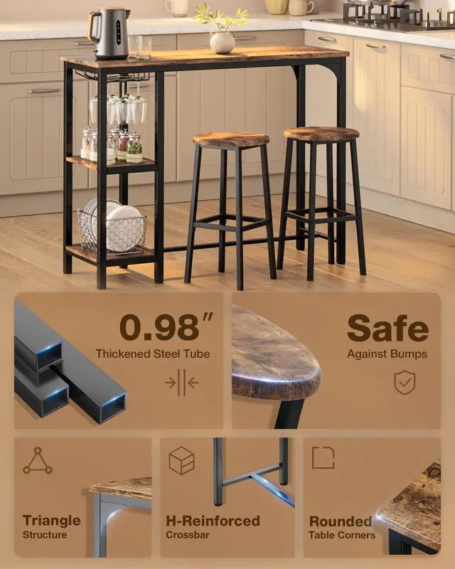 Alt view image 3 of 6 - 3-Piece Bar Table Set for 2, Bar Height Table with Stools & 2 Storage Shelves, Small Bar Table Set with Glass Rack, Small Kitchen Table for Dining Room, Living Room, Rustic Brown