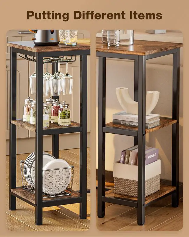 Alt view image 4 of 6 - 3-Piece Bar Table Set for 2, Bar Height Table with Stools & 2 Storage Shelves, Small Bar Table Set with Glass Rack, Small Kitchen Table for Dining Room, Living Room, Rustic Brown