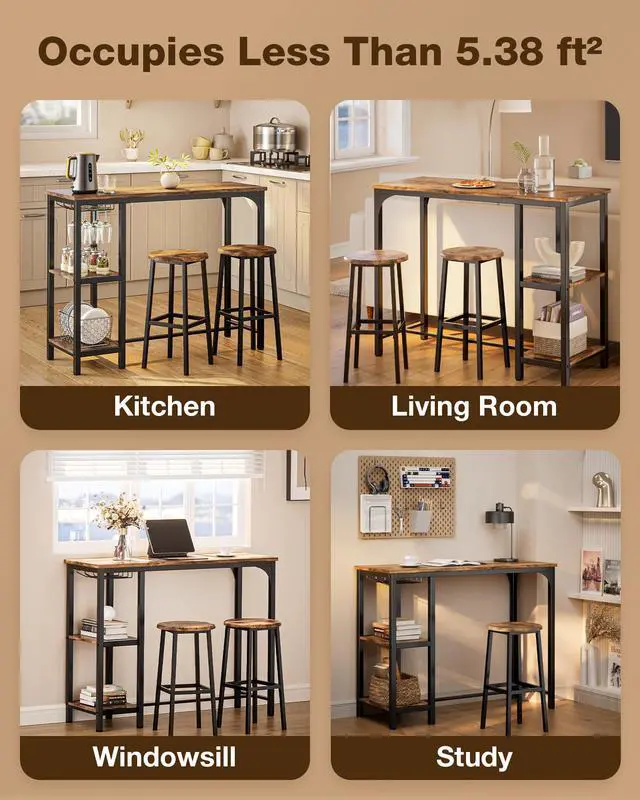 Alt view image 6 of 6 - 3-Piece Bar Table Set for 2, Bar Height Table with Stools & 2 Storage Shelves, Small Bar Table Set with Glass Rack, Small Kitchen Table for Dining Room, Living Room, Rustic Brown