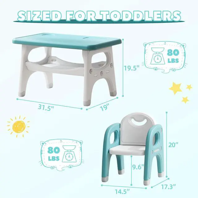 Alt view image 2 of 6 - Montessori Weaning Table and 2 Chairs Set, Large Built-in Storage, Toddlers Table and Chairs Set, Kids Activity Table for Drawing Dining Playing, CPSC & ASTM Approved, Green