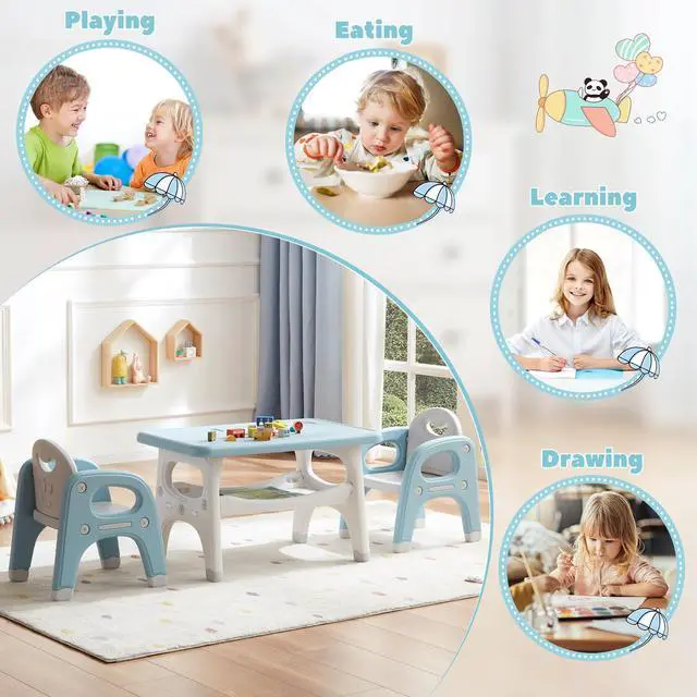 Alt view image 5 of 6 - Kids Table and 2 Chairs Set, Large Built-in Storage, Montessori Toddlers Table and Chairs Set, Kids Activity Table for Drawing Dining Playing, CPSC & ASTM Approved, Blue
