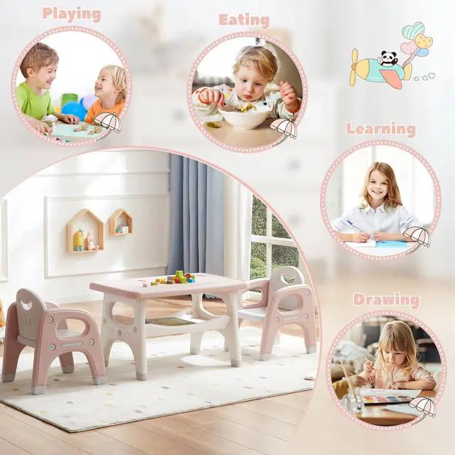 Alt view image 5 of 6 - Kids Table and 2 Chairs Set, Large Built-in Storage, Montessori Toddlers Table and Chairs Set, Kids Activity Table for Drawing Dining Playing, CPSC & ASTM Approved, Pink