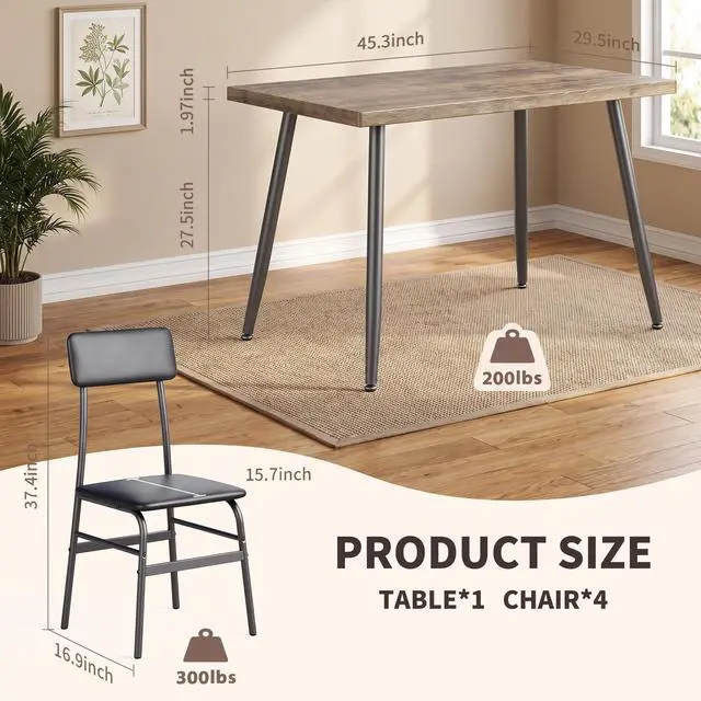 Alt view image 2 of 6 - 5-Piece Dining Table Set for 4, Small Space Kitchen Table with 4 Chairs, Easy Assembly, Scratch-Resistant MDF Top, Modern 45.3" Compact Dining Set for Apartments, Breakfast Nook, Grey