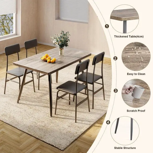 Alt view image 4 of 6 - 5-Piece Dining Table Set for 4, Small Space Kitchen Table with 4 Chairs, Easy Assembly, Scratch-Resistant MDF Top, Modern 45.3" Compact Dining Set for Apartments, Breakfast Nook, Grey