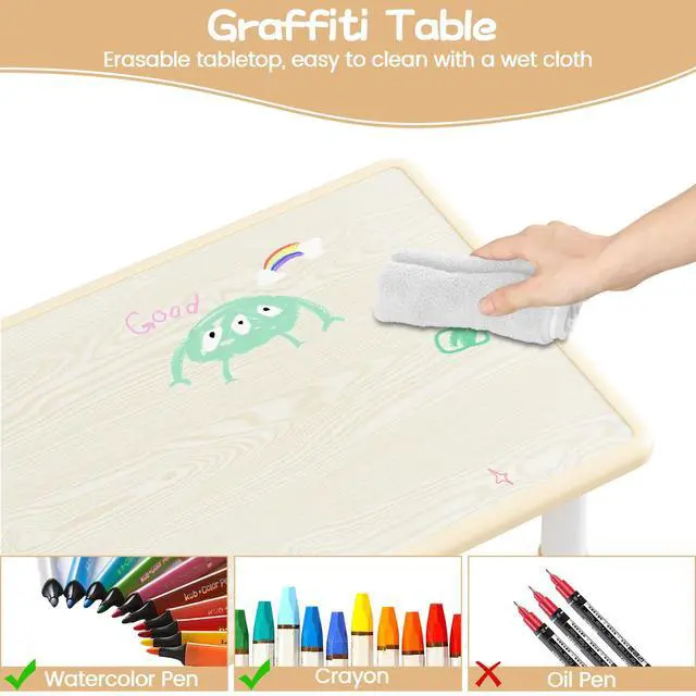 Alt view image 2 of 6 - Kids Table and 6 Chairs Set, Height Adjustable Toddler Table and Chairs Set for Ages 2-10, Graffiti Desktop, Non-Slip Legs, Children Activity Table for Daycare Classroom Home