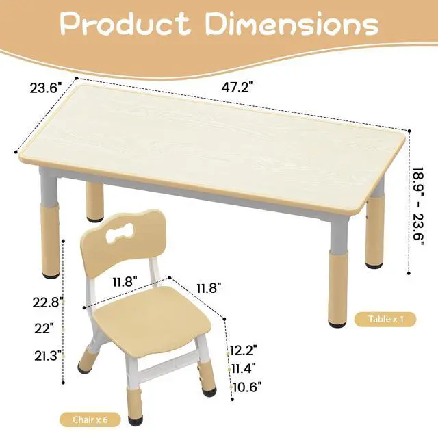 Alt view image 5 of 6 - Kids Table and 6 Chairs Set, Height Adjustable Toddler Table and Chairs Set for Ages 2-10, Graffiti Desktop, Non-Slip Legs, Children Activity Table for Daycare Classroom Home