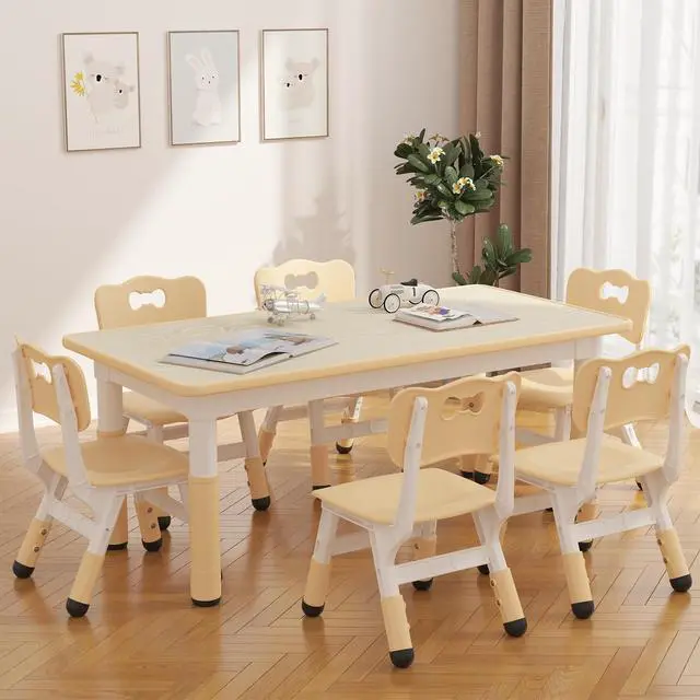 Alt view image 6 of 6 - Kids Table and 6 Chairs Set, Height Adjustable Toddler Table and Chairs Set for Ages 2-10, Graffiti Desktop, Non-Slip Legs, Children Activity Table for Daycare Classroom Home