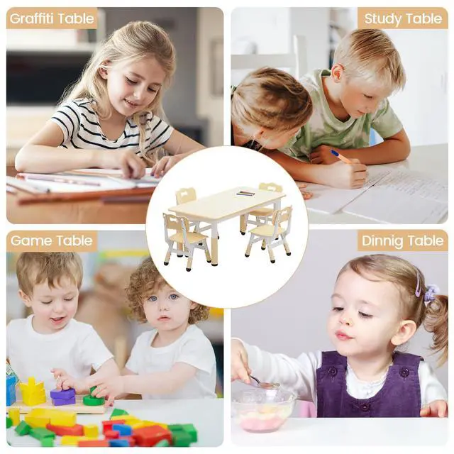 Alt view image 5 of 6 - Kids Table and 4 Chairs Set, Height Adjustable Toddler Table and Chair Set for Ages 2-10, Graffiti Desktop, Non-Slip Legs, Arts & Crafts Table, Children Activity Table for Daycare Classroom Home