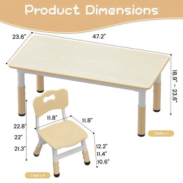 Alt view image 6 of 6 - Kids Table and 4 Chairs Set, Height Adjustable Toddler Table and Chair Set for Ages 2-10, Graffiti Desktop, Non-Slip Legs, Arts & Crafts Table, Children Activity Table for Daycare Classroom Home