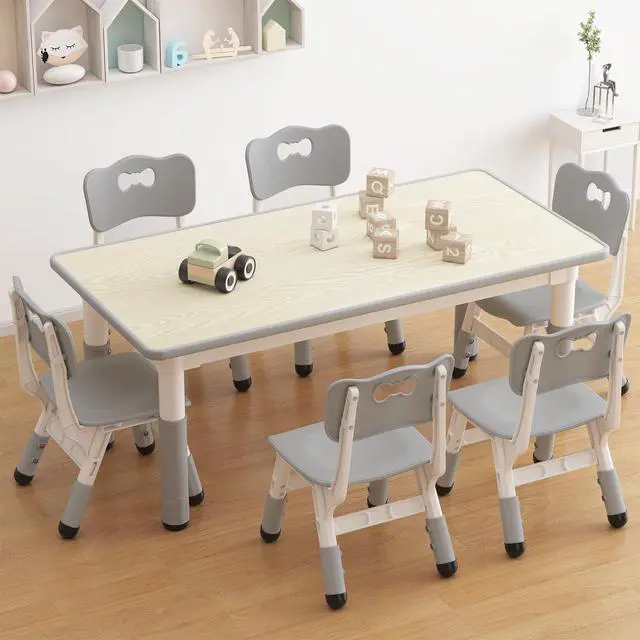 Alt view image 2 of 6 - Kids Table and 6 Chairs Set, Height Adjustable Toddler Table and Chair Set for Ages 2-10, Graffiti Desktop, Non-Slip Legs, Children Activity Table for Daycare Classroom Home