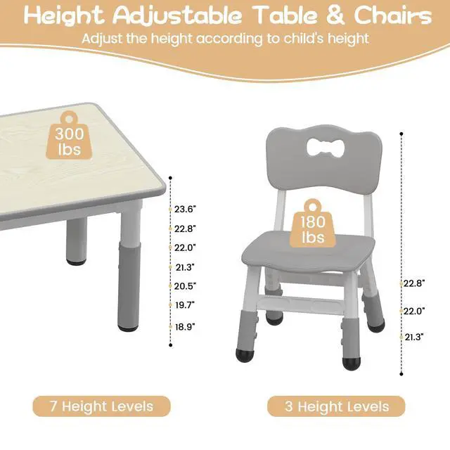 Alt view image 3 of 6 - Kids Table and 6 Chairs Set, Height Adjustable Toddler Table and Chair Set for Ages 2-10, Graffiti Desktop, Non-Slip Legs, Children Activity Table for Daycare Classroom Home