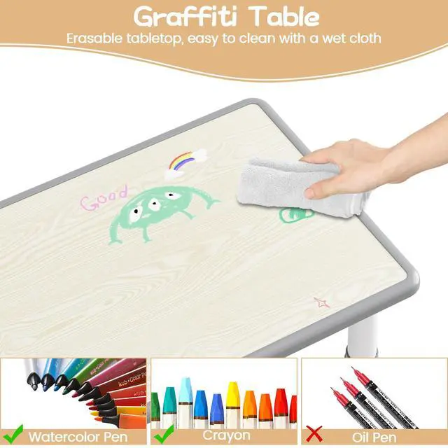 Alt view image 4 of 6 - Kids Table and 6 Chairs Set, Height Adjustable Toddler Table and Chair Set for Ages 2-10, Graffiti Desktop, Non-Slip Legs, Children Activity Table for Daycare Classroom Home