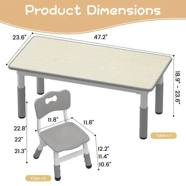 Alt view image 6 of 6 - Kids Table and 6 Chairs Set, Height Adjustable Toddler Table and Chair Set for Ages 2-10, Graffiti Desktop, Non-Slip Legs, Children Activity Table for Daycare Classroom Home
