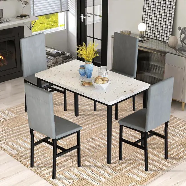 Alt view image 2 of 6 - 5 Piece Dining Table Set for 4, Small Faux Marble Kitchen Table with 4 Velvet Chairs, Modern Dining Room Table Set for Small Space, Breakfast Nook, Dinette