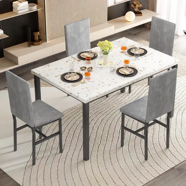 Alt view image 3 of 6 - 5 Piece Dining Table Set for 4, Small Faux Marble Kitchen Table with 4 Velvet Chairs, Modern Dining Room Table Set for Small Space, Breakfast Nook, Dinette