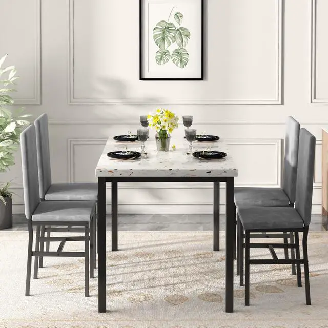 Alt view image 4 of 6 - 5 Piece Dining Table Set for 4, Small Faux Marble Kitchen Table with 4 Velvet Chairs, Modern Dining Room Table Set for Small Space, Breakfast Nook, Dinette