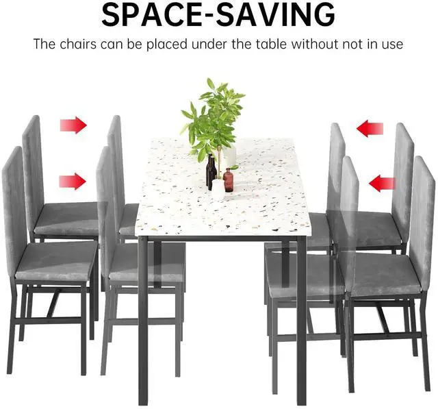 Alt view image 5 of 6 - 5 Piece Dining Table Set for 4, Small Faux Marble Kitchen Table with 4 Velvet Chairs, Modern Dining Room Table Set for Small Space, Breakfast Nook, Dinette
