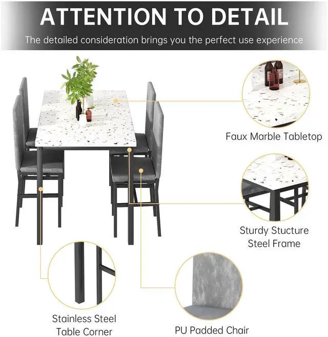 Alt view image 6 of 6 - 5 Piece Dining Table Set for 4, Small Faux Marble Kitchen Table with 4 Velvet Chairs, Modern Dining Room Table Set for Small Space, Breakfast Nook, Dinette