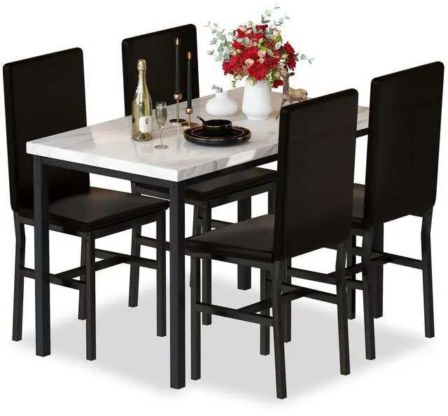 Main image of Dining Table Set for 4, Modern Faux Marble Kitchen Table with 4 PU Leather Chairs, 5 Piece Dining Room Sets for Dinette, Breakfast Nook, Black