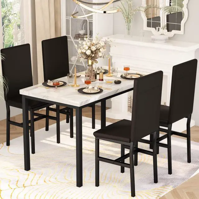 Alt view image 2 of 6 - Dining Table Set for 4, Modern Faux Marble Kitchen Table with 4 PU Leather Chairs, 5 Piece Dining Room Sets for Dinette, Breakfast Nook, Black