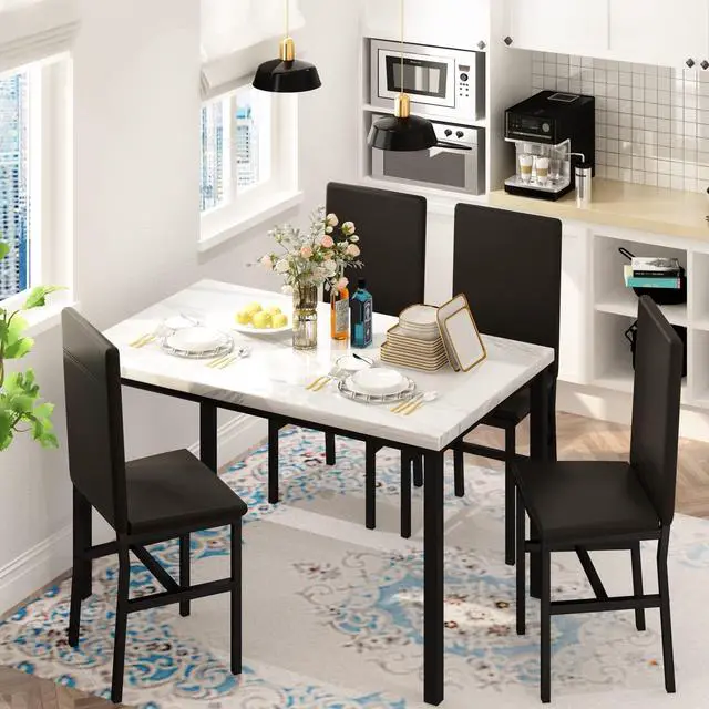 Alt view image 3 of 6 - Dining Table Set for 4, Modern Faux Marble Kitchen Table with 4 PU Leather Chairs, 5 Piece Dining Room Sets for Dinette, Breakfast Nook, Black