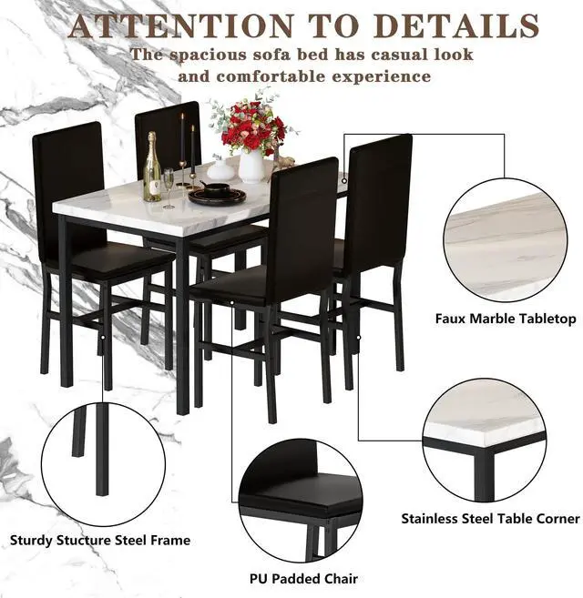 Alt view image 4 of 6 - Dining Table Set for 4, Modern Faux Marble Kitchen Table with 4 PU Leather Chairs, 5 Piece Dining Room Sets for Dinette, Breakfast Nook, Black
