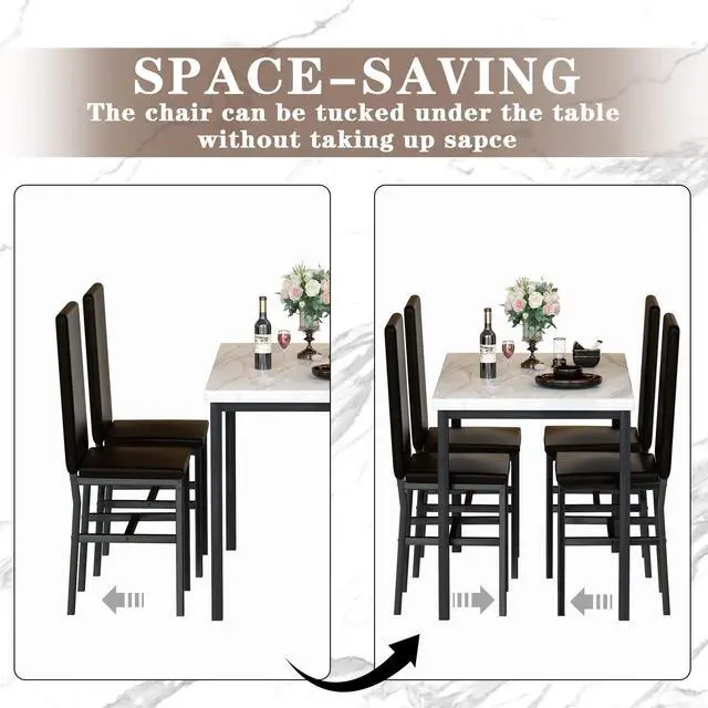Alt view image 5 of 6 - Dining Table Set for 4, Modern Faux Marble Kitchen Table with 4 PU Leather Chairs, 5 Piece Dining Room Sets for Dinette, Breakfast Nook, Black