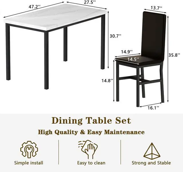 Alt view image 6 of 6 - Dining Table Set for 4, Modern Faux Marble Kitchen Table with 4 PU Leather Chairs, 5 Piece Dining Room Sets for Dinette, Breakfast Nook, Black