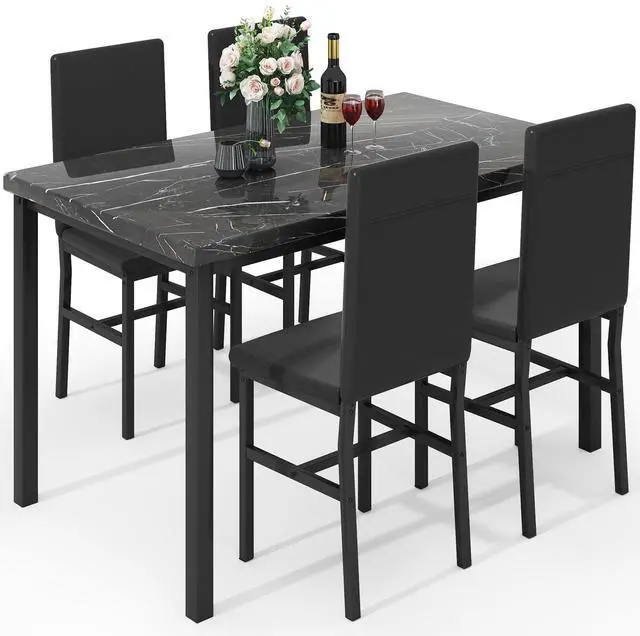 Main image of Dining Table Set for 4, Modern Faux Marble Kitchen Table with 4 PU Leather Chairs, 5 Piece Dining Room Sets for Dinette, Breakfast Nook, Black