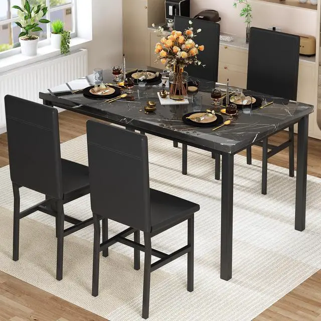 Alt view image 2 of 6 - Dining Table Set for 4, Modern Faux Marble Kitchen Table with 4 PU Leather Chairs, 5 Piece Dining Room Sets for Dinette, Breakfast Nook, Black