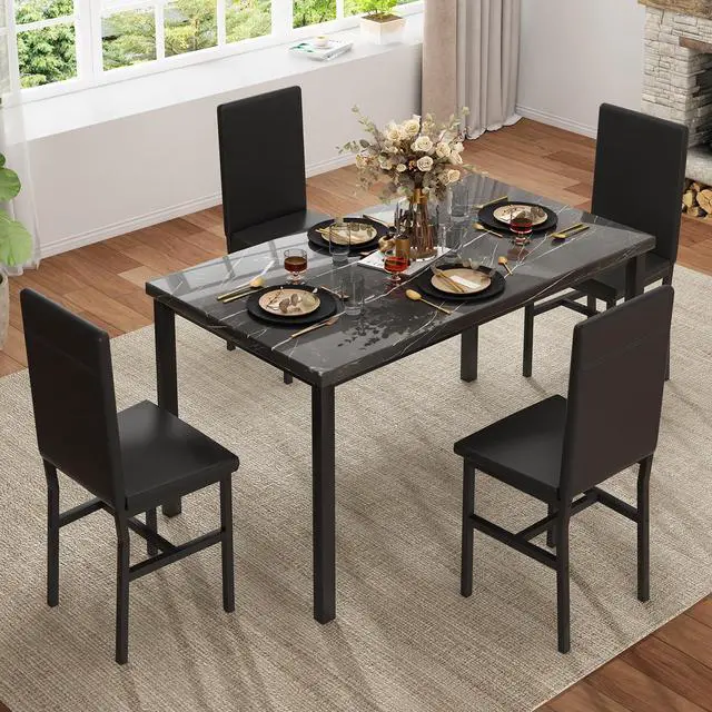 Alt view image 3 of 6 - Dining Table Set for 4, Modern Faux Marble Kitchen Table with 4 PU Leather Chairs, 5 Piece Dining Room Sets for Dinette, Breakfast Nook, Black