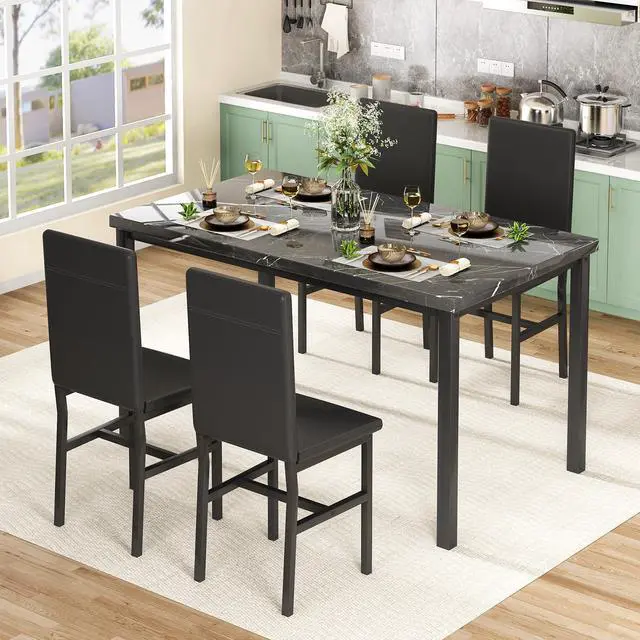 Alt view image 4 of 6 - Dining Table Set for 4, Modern Faux Marble Kitchen Table with 4 PU Leather Chairs, 5 Piece Dining Room Sets for Dinette, Breakfast Nook, Black