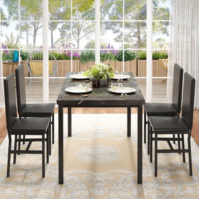 Alt view image 5 of 6 - Dining Table Set for 4, Modern Faux Marble Kitchen Table with 4 PU Leather Chairs, 5 Piece Dining Room Sets for Dinette, Breakfast Nook, Black