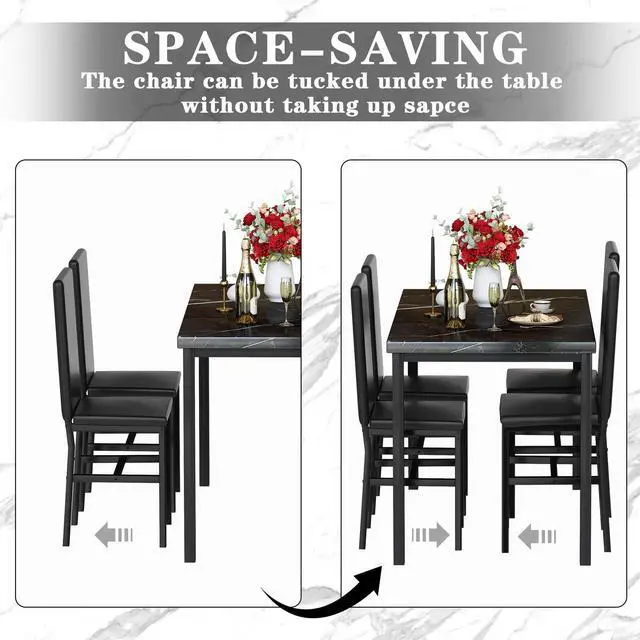 Alt view image 6 of 6 - Dining Table Set for 4, Modern Faux Marble Kitchen Table with 4 PU Leather Chairs, 5 Piece Dining Room Sets for Dinette, Breakfast Nook, Black